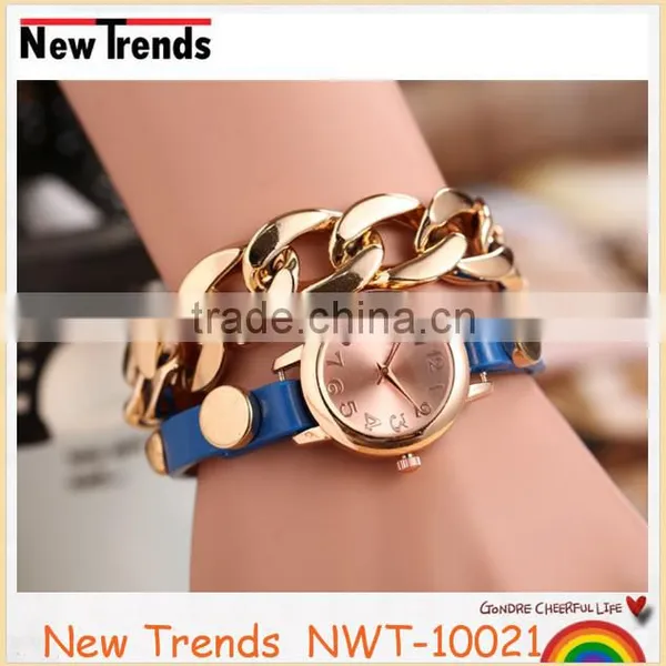 Gold Chain Wrap Bracelet Leather Watch Women Fancy Jewelry photo-4