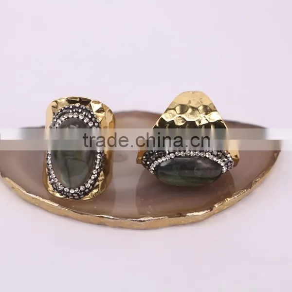 Natural Labradorite Stone Ring, Metal Gold Plated Ring, Pave Setting Crystal Jewelry Finger Gold Plated Druzy Ring photo-4
