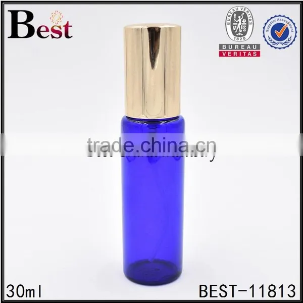 Wholesale Best Selling Cosmetic Packaging Golden Aluminum Spray Bottle Perfume Blue Glass Perfume Bottle 30ml China Manufacture