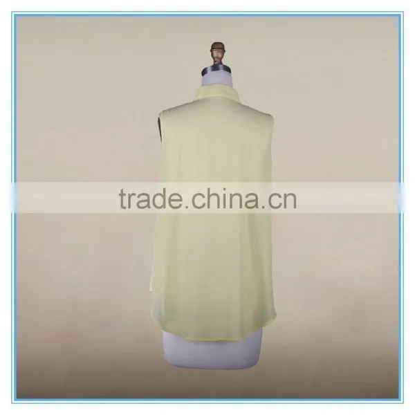 Fashion Ladies Fancy Sleeveless Tops Chiffon Yellow Shirt Pleated Design photo-4
