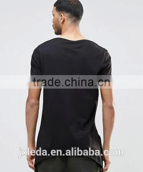 Hip Hop Style Super Longline Curved Hem 100% Cotton Breathable Men Black T-shirt Wholesale photo-2