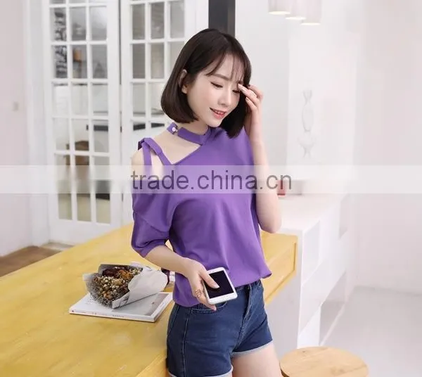 Women's Fashion Pure Color Sexy Loose Dew Shoulder ms photo-5
