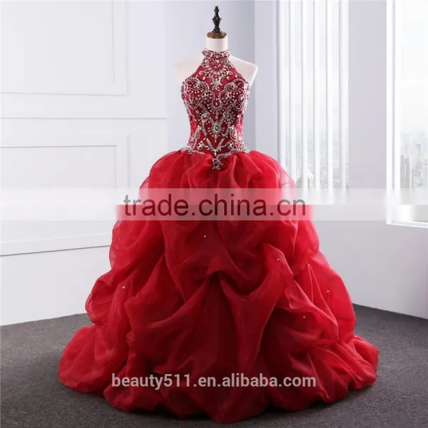 2018 Dramatic Quinceanera Dress Neck Line Beaded Appliques Red Organza Quinceanera Gowns ED025201 photo-2