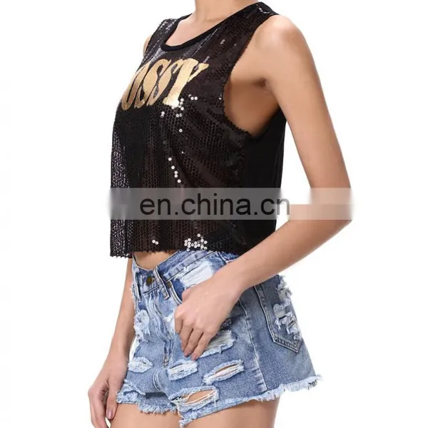 Express Gold Print Black Short Girl Tank Top Sequin photo-5