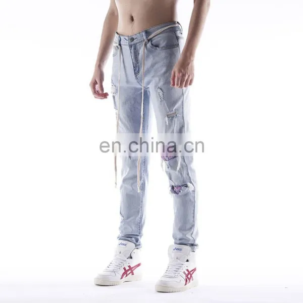 DiZNEW Custom Mens Skinny Jeans in Blue Ripped Patches Trousers for Men photo-4