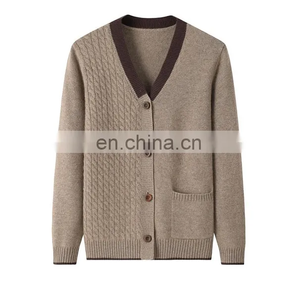100% Cashmere V-Neck Sweaters Winter Casual Cable Knit and Plain Knit Design Solid Pattern With Button Decoration Front Logo photo-4