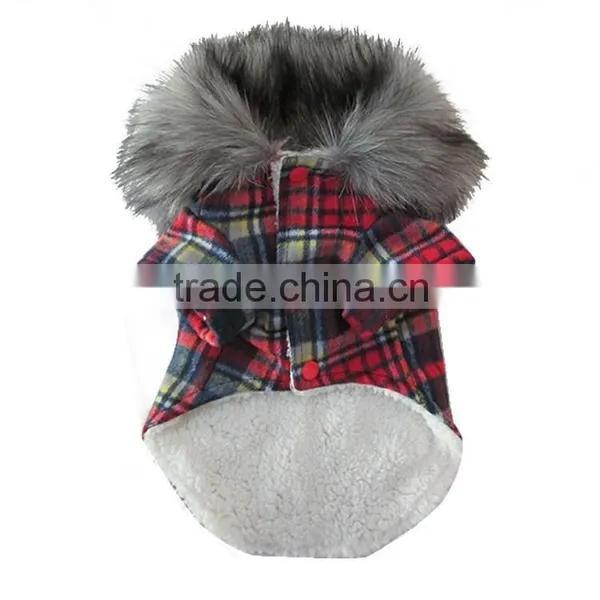 Luxury Fur Collar Horn Buttons Red and Blue Lattice Plaid Dog Coat With Extra Heavy Soft Wool Material Fit for Autumn and Winter photo-6
