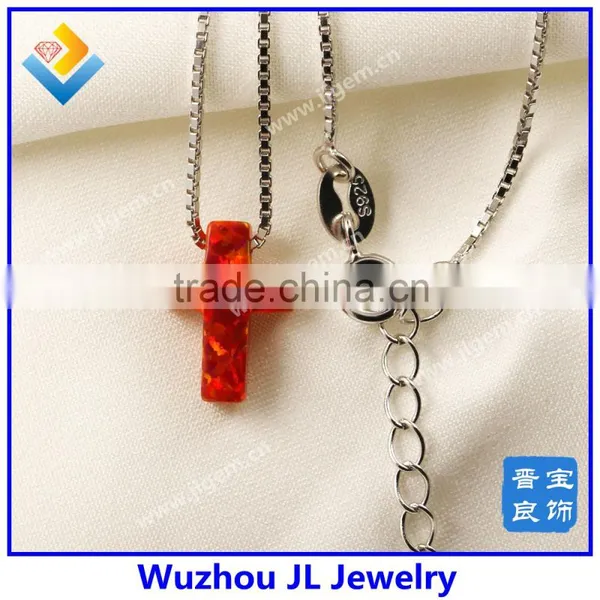 High Quality 925 Sterling Silver Synthetic Red Color Cross Opal Gemstone Necklace Jewelry photo-6