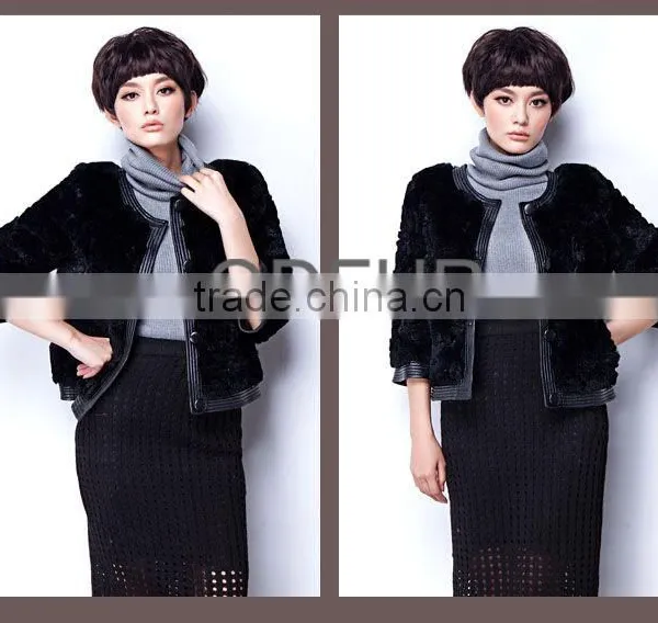 QD28321 Korea Style Rabbit Fur Jacket With Sheep Leather Trim