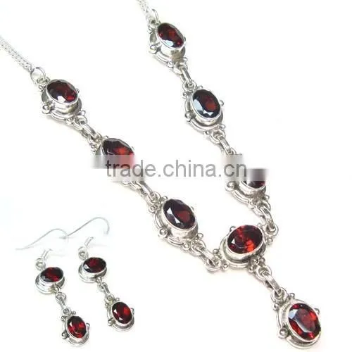 Garnet Semi Precious Silver Necklace Earrings 925 Silver Jewelry Set Wholesale