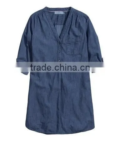 Women Long Sleeve V-neck Denim Shirt photo-2