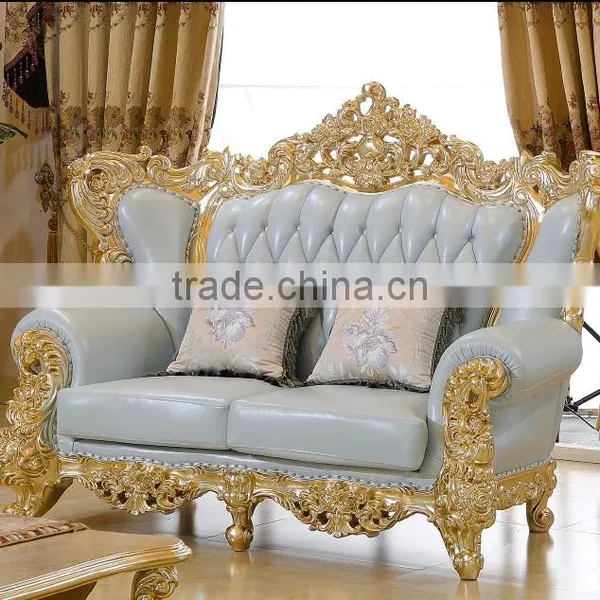 Luxury Living Furniture Wood Carving Goldfoil Light Blue Genuine Leather Sofa Set photo-3
