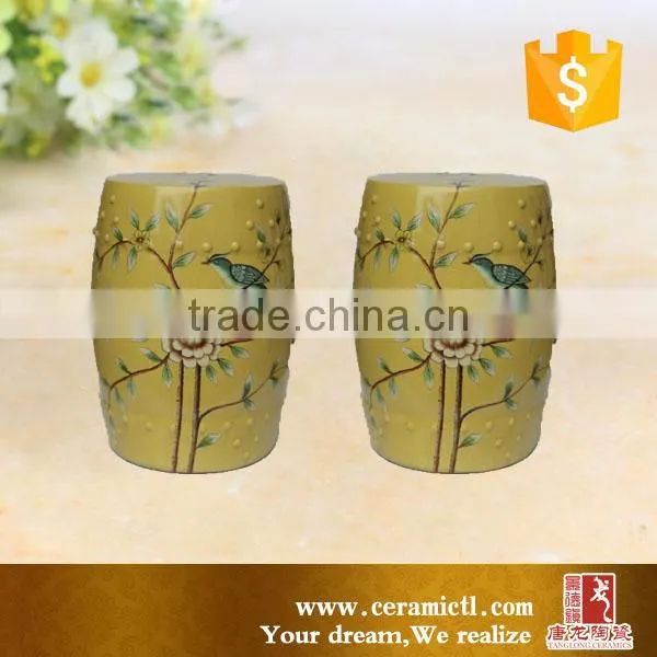 Yellow Color Birds and Flower Ceramic Outdoor Side Table Stool photo-2