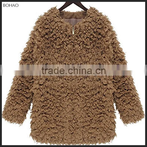 2015 Stylish Imitation Lamb Wool Women Winter Faux Fur Long Overcoat photo-3