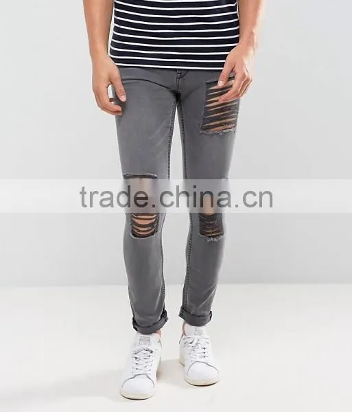 New Style Custom Men's Skinny Jeans Pants With Extreme Rips in Grey Wash photo-2