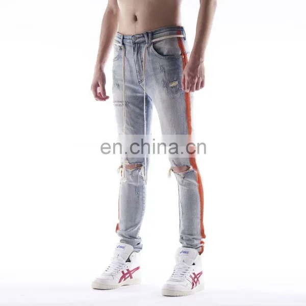 DiZNEW Distressed Track Denim Wholesale Men Side Print Jeans photo-2