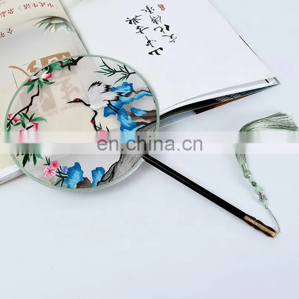 Chinese Style Multi-pattern Silk Embroidery Dual-faced Handmade Fan With Wooden Handle and Tassel Pendant(19*37cm) photo-5