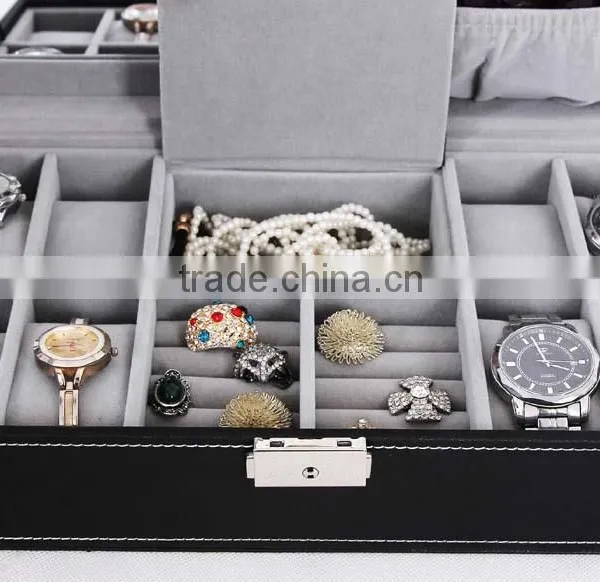 Black Leather Jewelry Box Watch Organizer Storage Case With Lock & Mirror photo-4