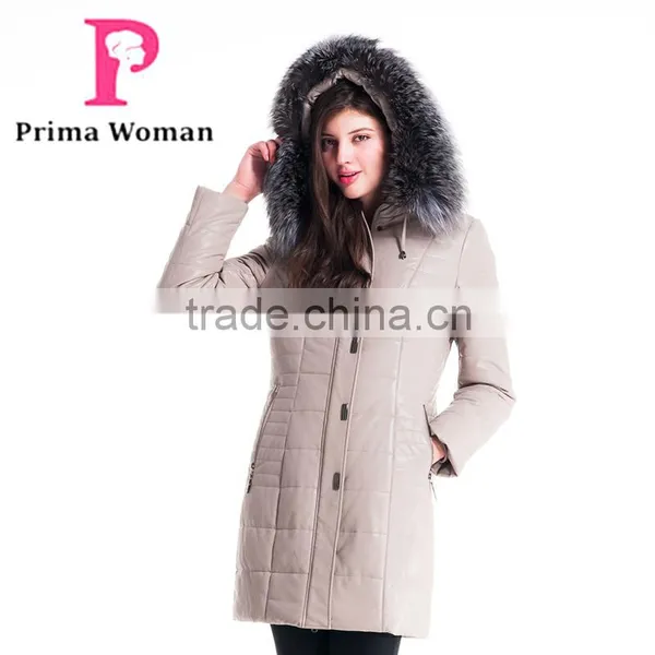 Winter Women Leather Medium Length Slim Fit Coat With Brown Fox Hat Overcoat photo-6