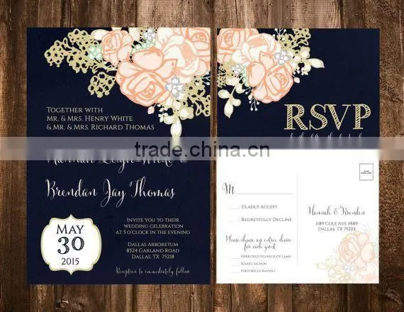 Navy & Coral Floral Wedding Invitation Set