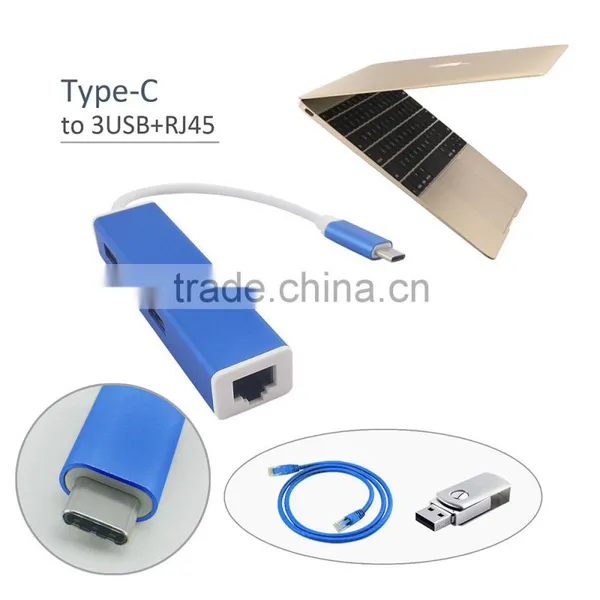 High Speed USB 3.1 Type c Cable to 3-Port USB 2.0 Hub With RJ45 100M Ethernet