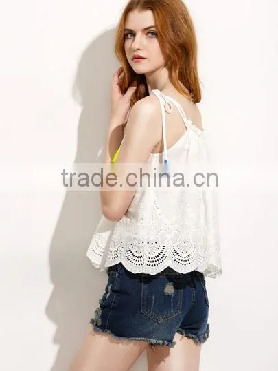 Tank-Tops&Camis Latest Fashion Design Women Clothing Beige Tassel Tie Shoulder Scallop Hem Cami Top photo-2