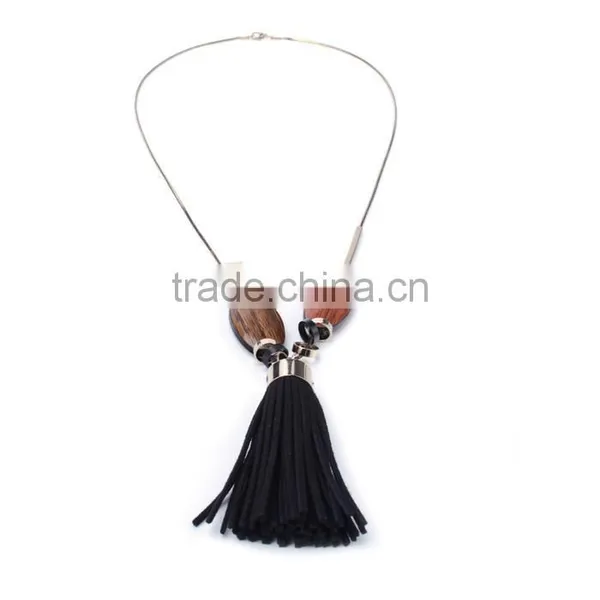 Wood Bead Chain Necklace Tassel Necklace Geometric Metal Beads Rings on Chain Necklace photo-3