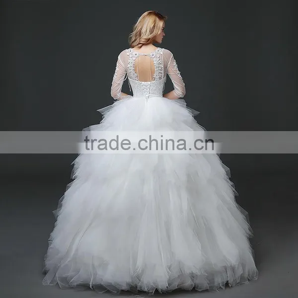 MGOO New Designs 2017 Sheer Neck 3/4 Long Sleeves Women Wedding Dress Ball Gown Embroidery Floor Length Dress photo-6
