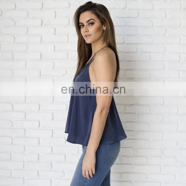 High Quality Loose Fit Navy Blue Satin Blouse With Scallop Lace Trim photo-2