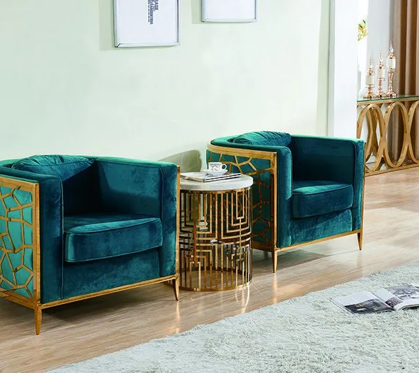 Modern Luxury Gold Stainless Steel Dining Room Sofa Wedding Banquet Blue Sofa Elegant Hotel Restaurant Sofa