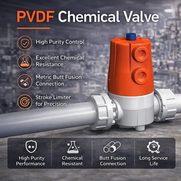 Válvula de diafragma de PVDF, limitador de carrera estándar SYGEF, soldadura por fusión de tomas para sistemas químicos
