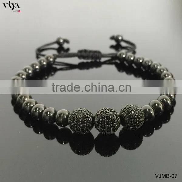 2016 Lastest 6mm Black Macrame Beads Bracelet Beads With Three Balls With TOP BEST PVD Plating