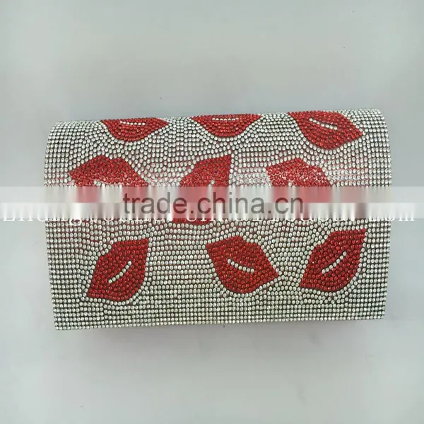 Factory Wholesale New Stylish Red Lip Pattern Rhinestone Ladies Evening Bag