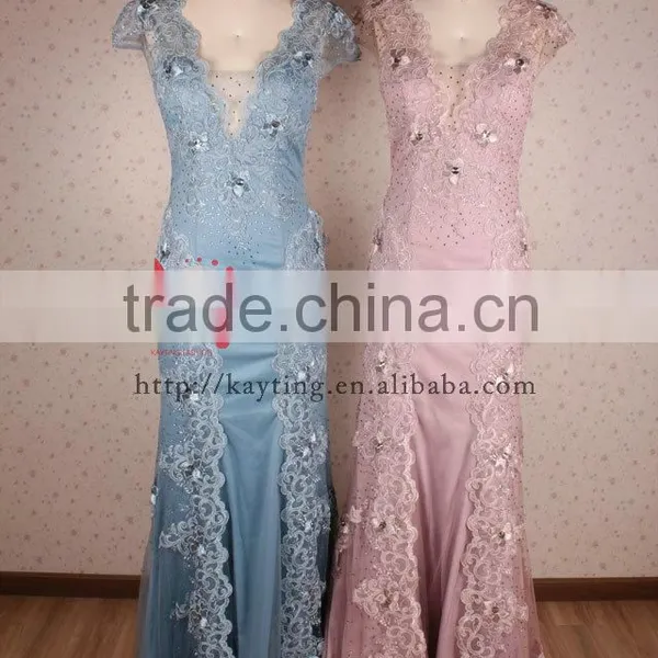 Gorgeous V-neck Cap Sleeve Pretty Appliqued Beaded Sequins Real Sample Prom Dress photo-6