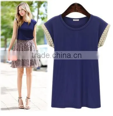 F20031B Round Neck Solid Color Women Summer Shirt Fashion Short Sleeve Shirt
