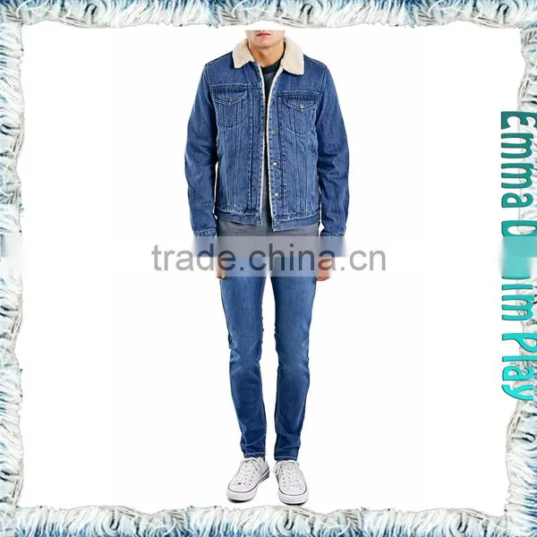 Cool Design Vintage Mens Fur Collar Short Fleece Lining Blue Denim Jackets photo-3