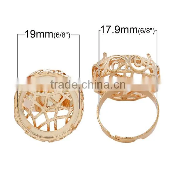 Copper Rings Adjustable Round Rose Gold Cabochon Setting Hollow Pattern 17.9mm Ring Setting photo-2