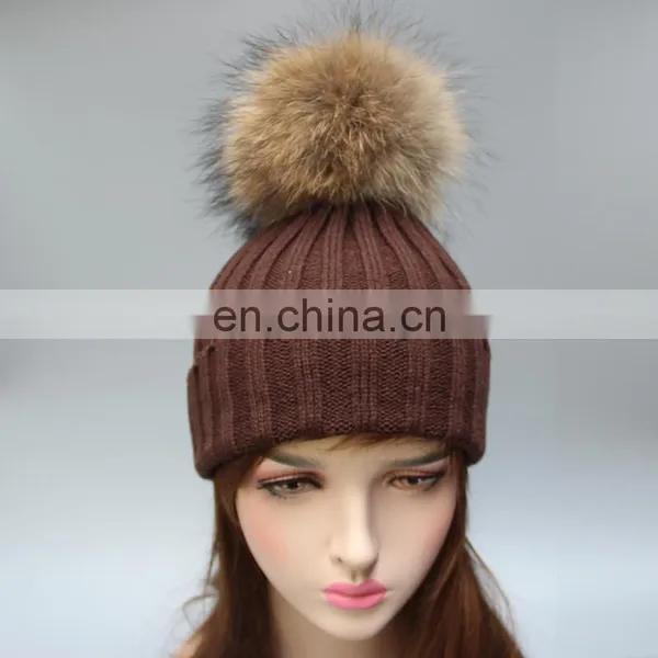 Wholesale Latest UK Style Acrylic Crochet Hat With Raccoon Fur Poms Knit Hat photo-2