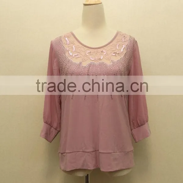 Ladies Fashion Lace Pink Chiffon Jewel Blouse photo-5
