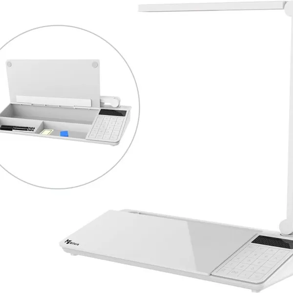 Desktop Writable Glass Whiteboard Organizer Storage Box With Table Lamp, Calculator and Wireless Charger
