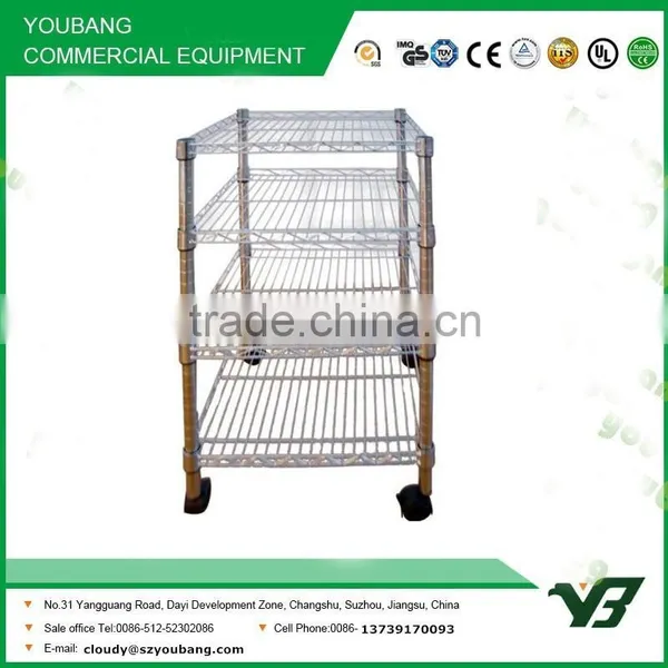 2015 Hot Sell NSF 50KGS Light Duty 3 Layer Chrome Corner Metal Wire Shelf Rack With 4 Wheels (YB-WS016) photo-3