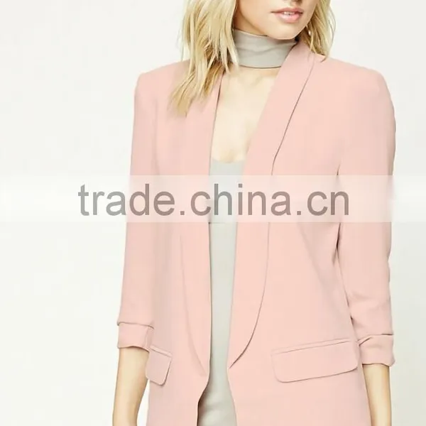 Women Formal Blazer Modern Fashion Textured Knit Open Front Long Ruched Sleeves LONGLINE Latest Blazer Design For Mature Ladies photo-2