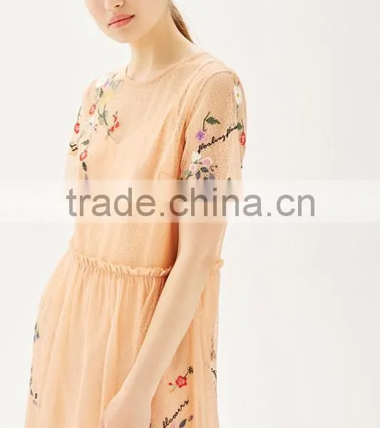 Woman Short Sleeve Flower Embroidered Midi Length Fashion Dress photo-3