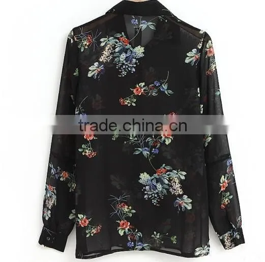 Hot Black Floral Print Chiffon Shirts for Woman Chiffon Long Sleeve Chiffon Tops photo-3