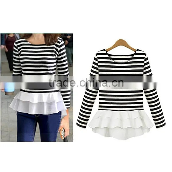 Autumn Latest Design Round Neck Ivory Long Sleeve Chiffon Stitching Knitting Striped Printing t Shirt Design photo-6