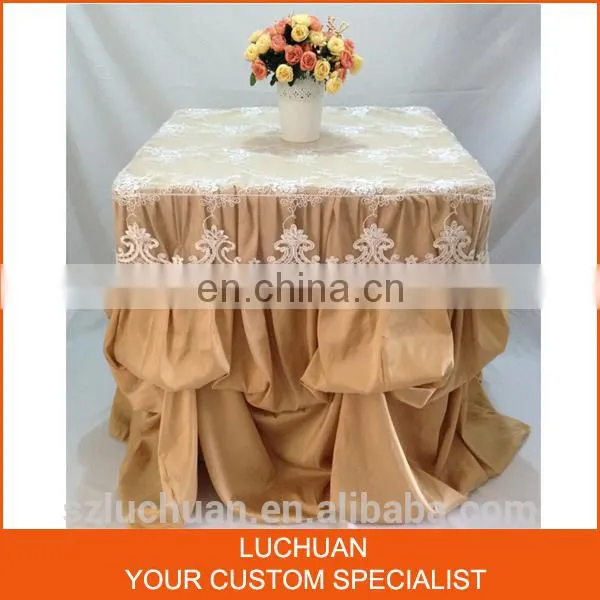 Champagne Satin and Lace Banquet Gathered Table Skirts photo-2