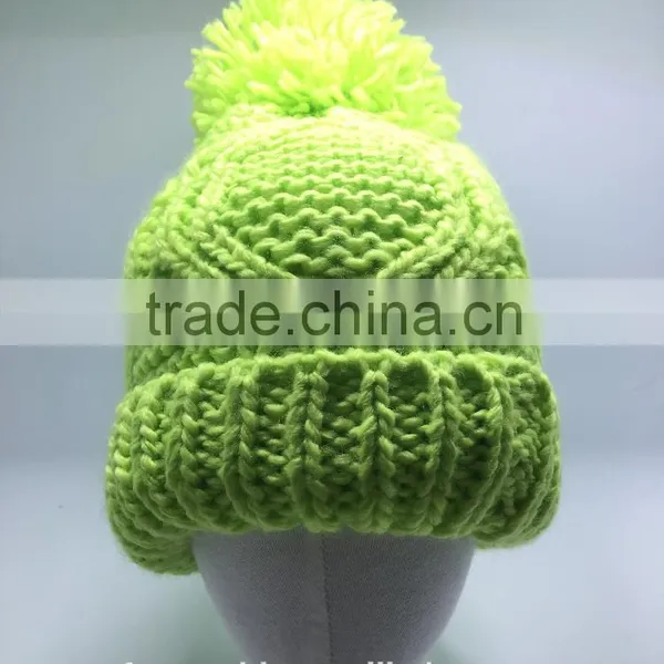 Winter Fluorescent Col Chunky Cable Knitted Hat Beanie With Big Pompon for Kid and Lady photo-3