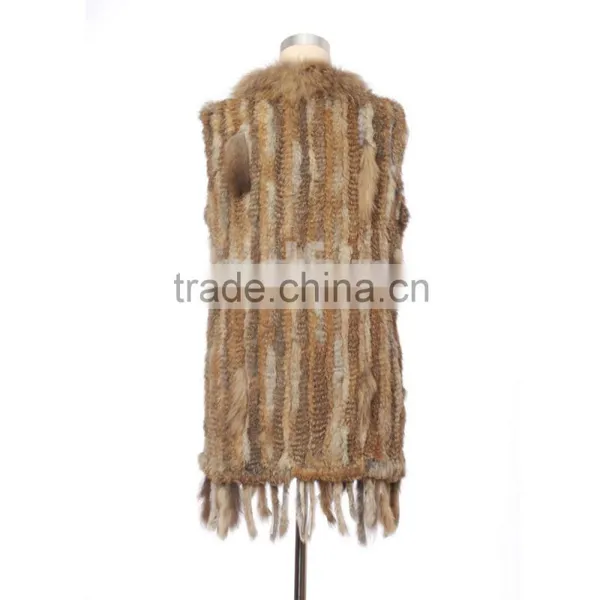 QDMJ006 Lady Clothes Long Knit Rabbit Fur Vest With Raccoon Dog Fur Collar For Women Clothing photo-3