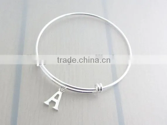 Custom Adjustable Silver Plated Initial Letter Charm Bangles photo-2