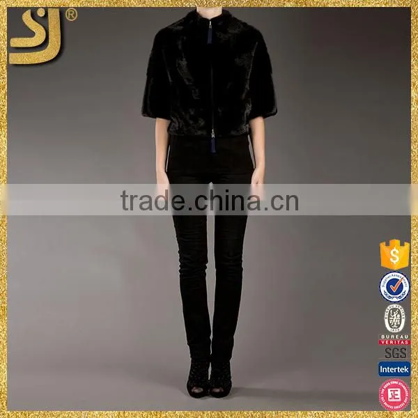 SHANGYI Black 3/4 Sleeve Zipper Cropped Fur Coat for Woman photo-2